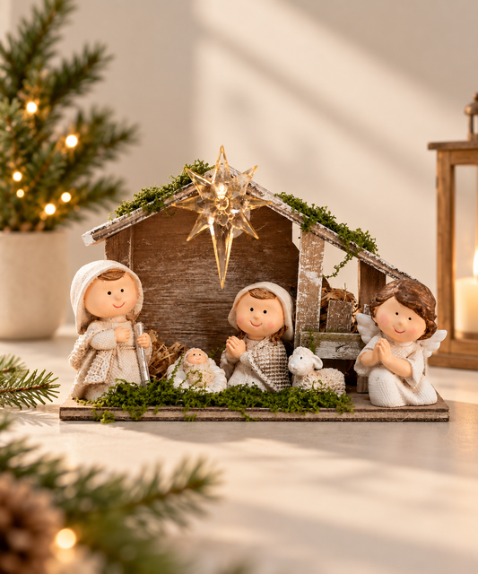 Nativity Stable with Light-Up Star - Cute Style