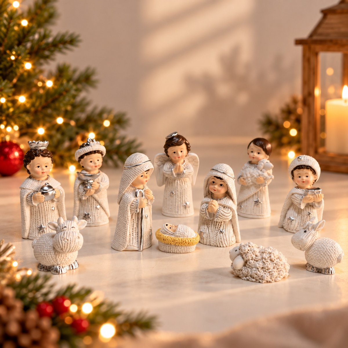 Knit-Texture Nativity Set - White & Silver (11 Pieces)